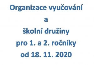 Organizace vyučování a školní družiny pro 1. a 2. ročníky od 18. 11. 2020